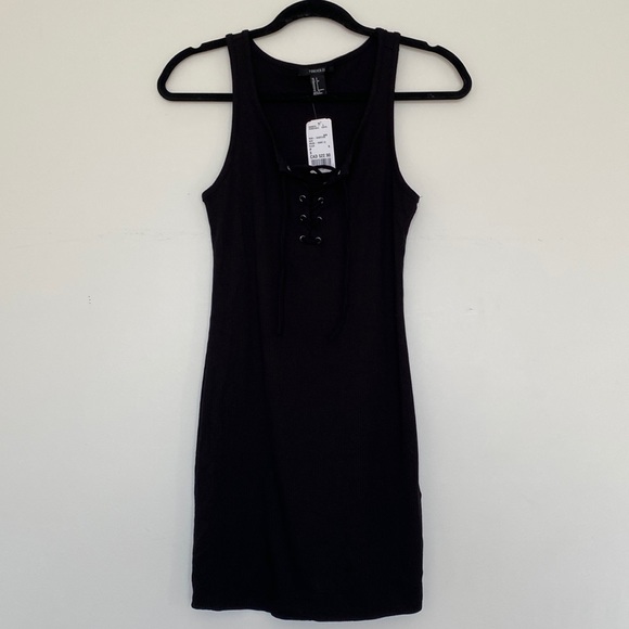 F21- Black Lace Up Ribbed Dress - Size Small - Picture 1 of 4